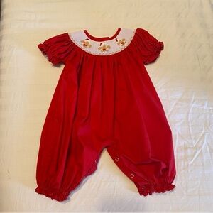 Nola Smocked Christmas Fleur-De-Lis Baby Bubble Romper Red Smocked 6 Months